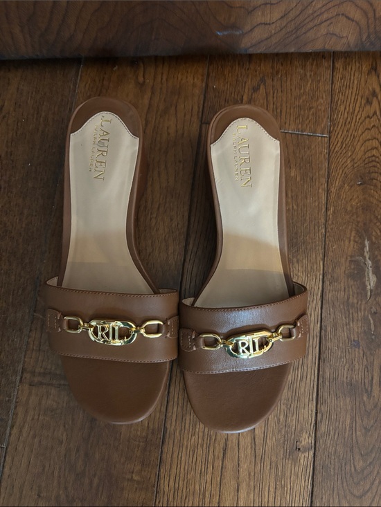 Lauren Ralph Lauren Shoes - Lauren Ralph Lauren Brown Leather Slide Mules with Gold Chain Accent